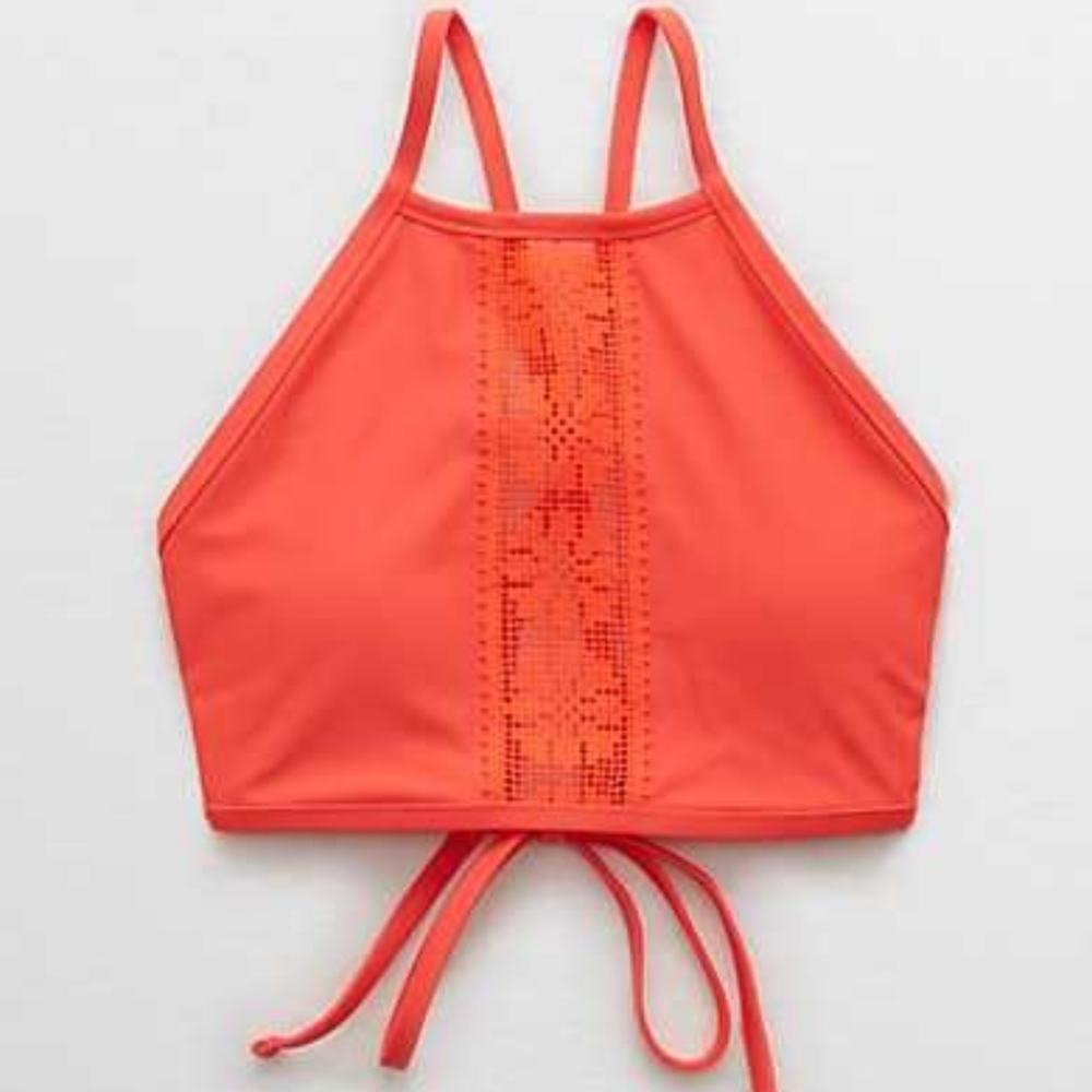 Aerie high neck, coral, embroidered bikini top